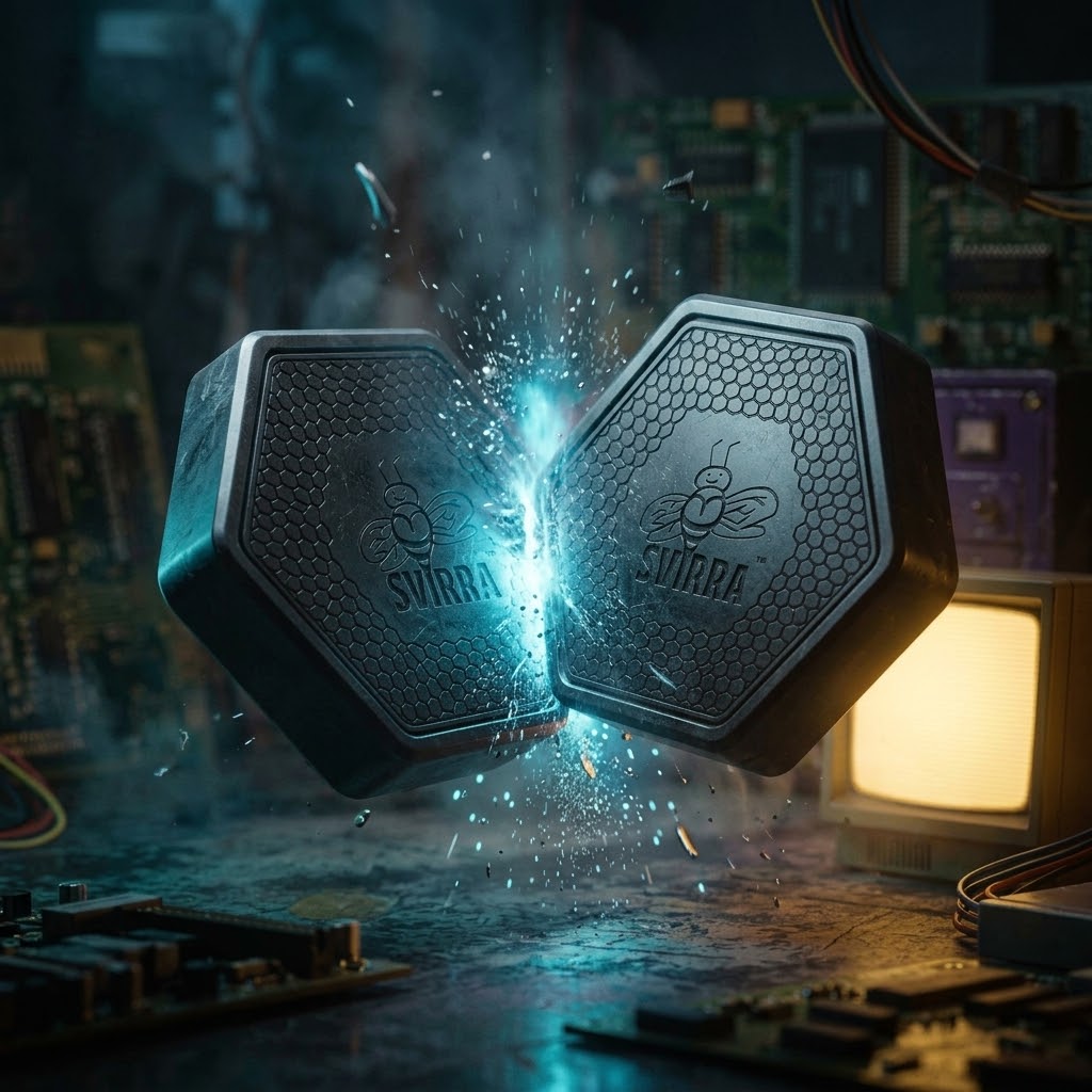 Two objects colliding in a burst of cyan light